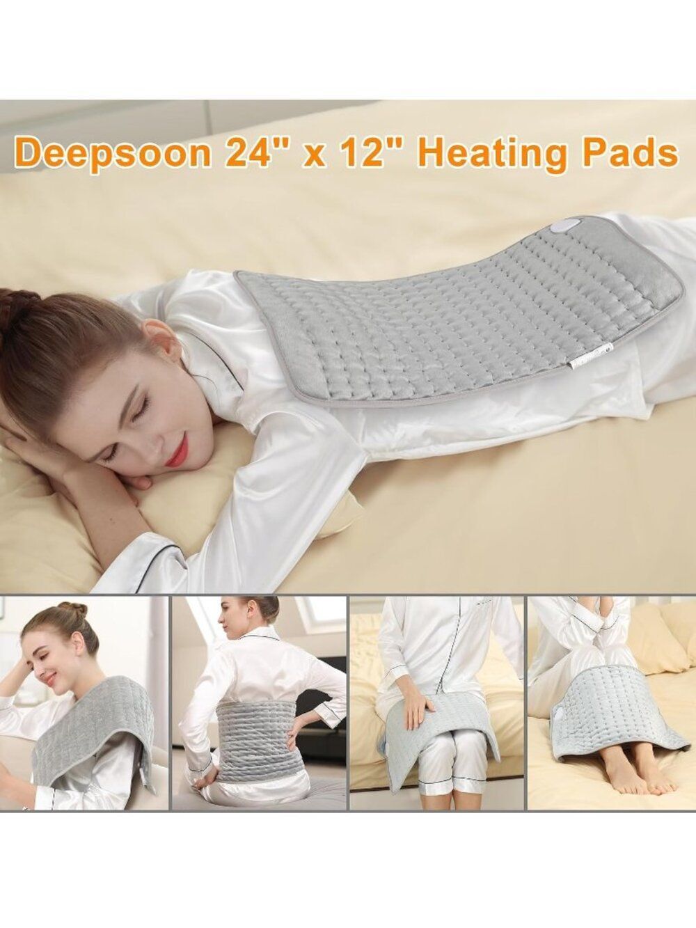 Deepsoon Heating Pad 24 x 12 Inch Electric 6 Heat Settings 4 Timers Light Gray - Picture 2 of 9